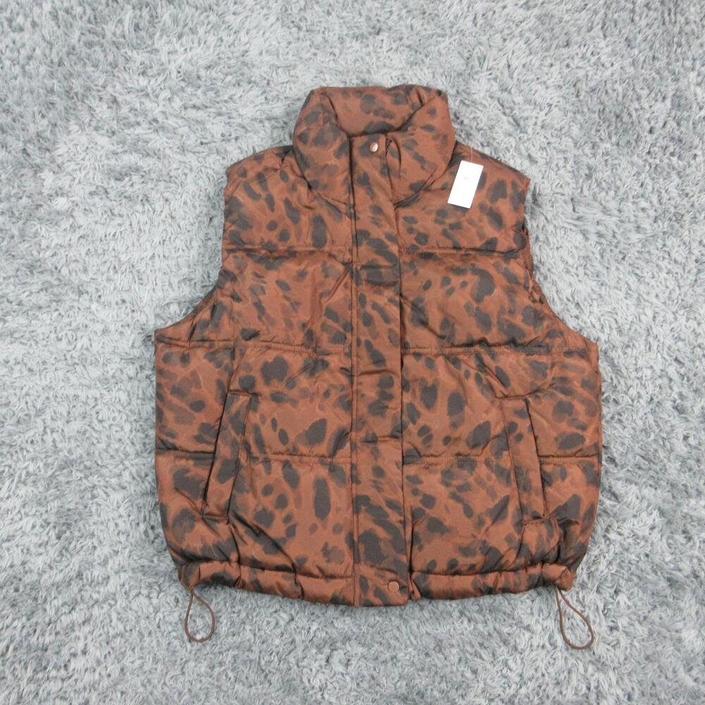 Old Navy Vest Womens XS Brown Animal Print Puffer Jacket Sleeveless Zip NWT